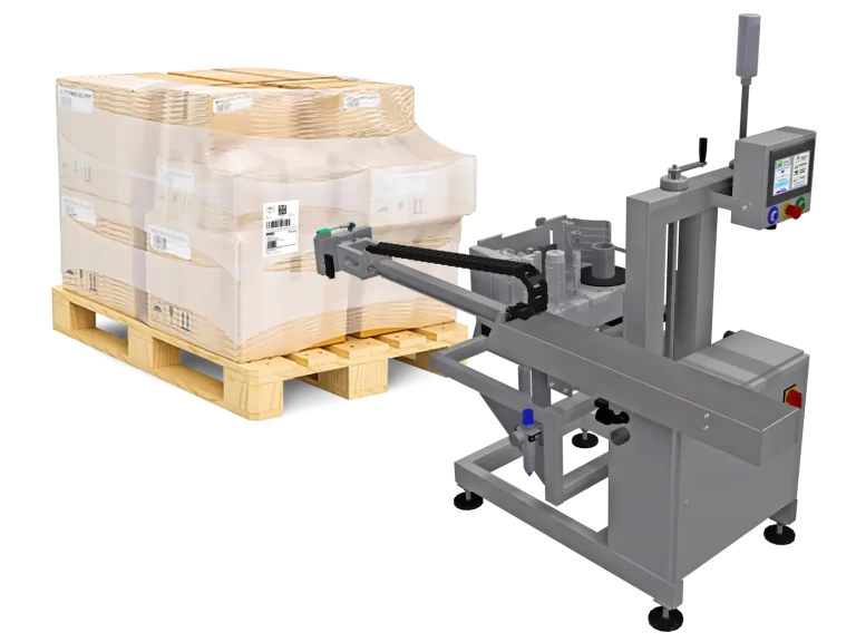 Equipamento print-apply (imprime e aplica) para pallets, caixas, e outros produtos.
