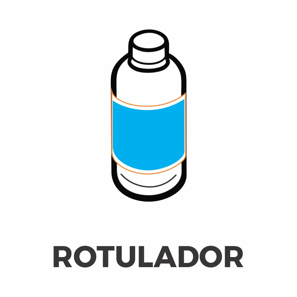 Frasco cilíndrico rotulado por uma rotuladora automática.